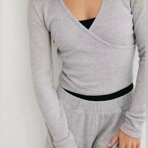 Aerie Gray Ribbed Knit Wrap Top only top.